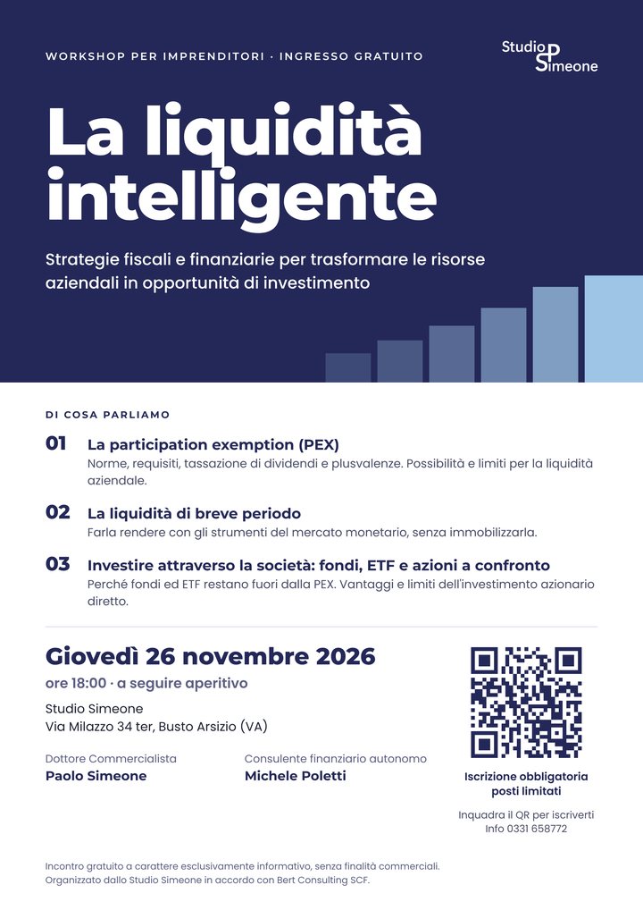 Locandina del workshop «La liquidità intelligente», giovedì 26 novembre 2026 alle 18:00 allo Studio Simeone di Busto Arsizio